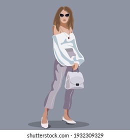 A beautiful girl in glasses, a white blouse and purple trousers is holding a stylish handbag. Fashionable image. Vector illustration for printing on a t-shirt, poster, postcard.