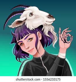Beautiful girl with a goat on her head. Vector horror illustration