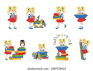 A beautiful girl goes to school. Large set of vector illustrations of a little cheerful schoolgirl with a backpack, books and pencils. Back to school.