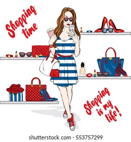 Beautiful girl goes shopping in stylish dress and sneakers. Fashionable clothing and accessories, shoes, handbags, sunglasses and perfume. Vector illustration for a card or poster. Print on clothes