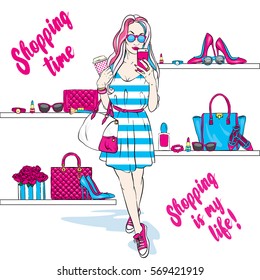 Beautiful girl goes shopping in stylish dress and sneakers. Fashionable clothing and accessories, shoes, handbags, sunglasses and perfume. Vector illustration for a card or poster. Print on clothes