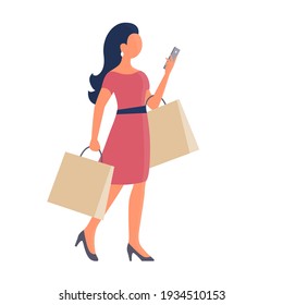 A beautiful girl goes shopping and talks on the phone. In the hands of the packages. Vector isolated flat illustration