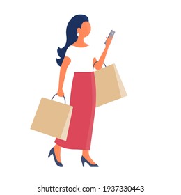 A beautiful girl goes shopping and talks on the phone. She is wearing a long red skirt. In the hands of the packages. Vector isolated flat illustration