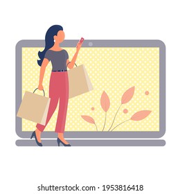 A beautiful girl goes shopping and talks on the phone. In the hands of the packages. In the background is a laptop. Online store concept. Vector isolated flat illustration