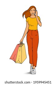 A beautiful girl goes shopping and talks on the phone. In the hands of the packages. Vector isolated outline illustration on a white background