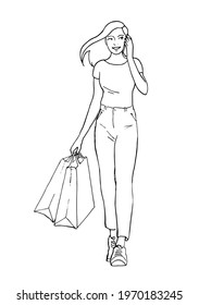 A beautiful girl goes shopping and talks on the phone. In the hands of the packages. Vector isolated outline illustration sketch on a white background