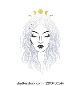 Beautiful girl in golden crown. Vector illustration in boho style