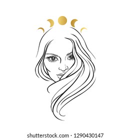 Beautiful girl in golden crown. Vector illustration in boho style