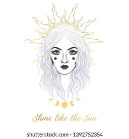 Beautiful girl in golden crown. Vector illustration in boho style