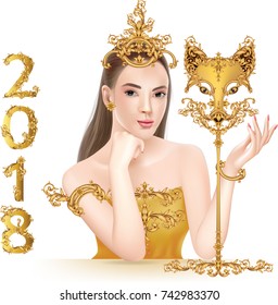 Beautiful girl with golden mask fox.illustration