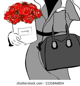 Beautiful girl in gray coat with red bouquet of roses, peonies and bag. Women's fashion and box flowers. Fashion woman sketch. Sketch. Vector illustration. Fashion, style, beauty