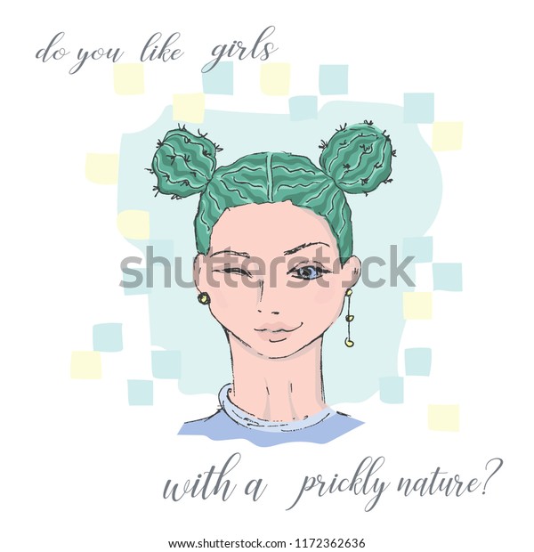 Beautiful Girl Green Hairs Winks Young Stock Vector Royalty