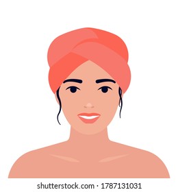 Beautiful Girl With Hair Wrap. Covering Your Head With Towel, Turban. Spa, Bath Procedure Woman. Pink Hair Cap. Vector Flat Illustration