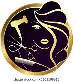 Beautiful girl with a hairstyle in a circle, scissors and a stylist's comb. Sign for beauty and hair salon