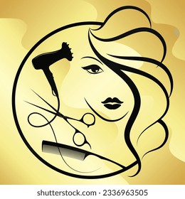 Beautiful girl with a hairstyle in a circle, scissors and a stylist comb. Sign for beauty and hair salon