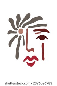 Beautiful girl with a half flower face. eye red flowers doodle shapes matisse style, naive art, contemporary vector illustration. Melancholy mood