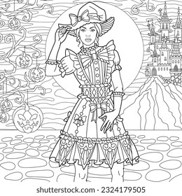 Beautiful girl and Halloween pumpkins, spooky castle and full moon on the background. Adult coloring book page with intricate ornament.