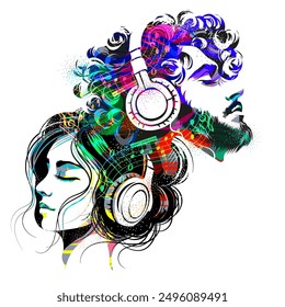 beautiful girl and handsome guy enjoy listening to music with closed eyes through headphones