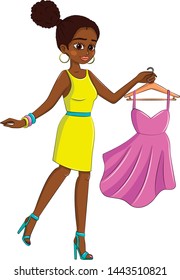 A beautiful girl with a hanger and a sundress in her hand. vector and illustration