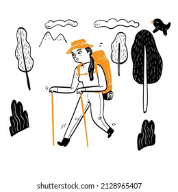 A beautiful girl is happily trekking. Adventure, brave, self-discovery. Hand drawing vector illustration line art.