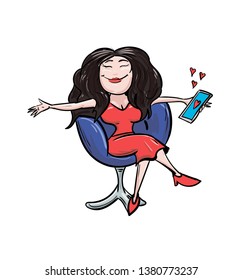 Beautiful girl happy after reading sms, vector illustration