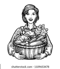 Beautiful girl or happy farmer holding a wicker basket full of vegetables. Agriculture, horticulture, farm concept. Hand-drawn sketch vector illustration