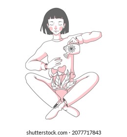 A beautiful girl in harmony with herself. Mental health care and love yourself concept.  A pretty woman is watering a pot of flowers from a watering can.  Vector hand drawn illustration.