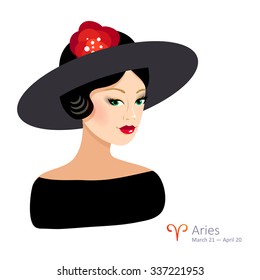 Beautiful girl with hat - aries. Horoscope. Astrology. Vector isolated illustration. Cartoon characters. Sign of the zodiac.