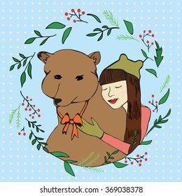 Beautiful girl  in hat  with bear. Snow, Christmas, New Year.Children's Christmas card