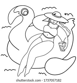 Beautiful girl in hat with cocktail floating on inflatable flamingo ring. Hello summer illustration. Relaxed young woman in a swimsuit. Summer coloring page design. Vector
