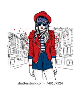Beautiful girl in a hat, jacket and shorts. Vector illustration. Fashion & Style. Slender girl with long hair in stylish clothes and accessories.