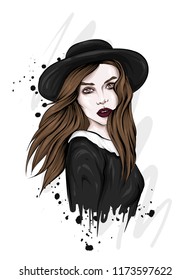 Beautiful girl in a hat. Girl with long hair. Vector illustration for a postcard or a poster, print for clothes. Fashion & Style. Vintage.
