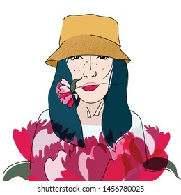 Beautiful girl in a hat. Portrait of a woman with flowers peonies. Vector flat illustration with beautiful woman. Print design for clothing, t-shirts. - Vector