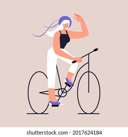 A beautiful girl in a hat is riding a bicycle and waving her hand. Eco-friendly urban transport. Lifestyle after quarantine. Vector illustration in a flat style on an isolated background. Eps 10.