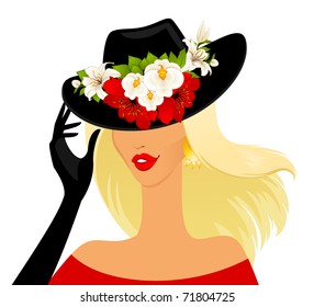 Beautiful girl in hat with beautiful tropical flowers. Vector