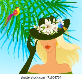 Beautiful girl  in hat with beautiful tropical flowers. Vector