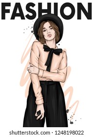 Beautiful girl in a hat, trousers and blouse. Fashion and style, clothing and accessories. Vector illustration for greeting card or poster.