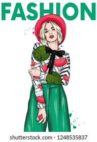 Hermosa chica con sombrero, pantalones y blusa. Moda y estilo, ropa y accesorios. Ilustración vectorial para tarjeta de felicitación o afiche.