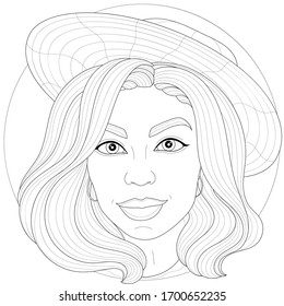 
Beautiful girl in a hat.Coloring book antistress for children and adults. Illustration isolated on white background.Zen-tangle and doodle style. Black and white drawing