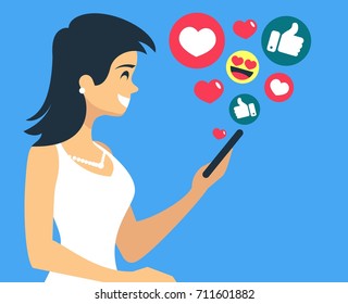 Beautiful Girl have fun and likes in social networks receives recognition flat vector illustration