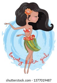 A beautiful girl in Hawaiian clothes dances Hula. Wreath and garland of flowers, a skirt of grass. Holidays in the Hawaiian Islands. Vector illustration. Funny character in the style of a cartoon