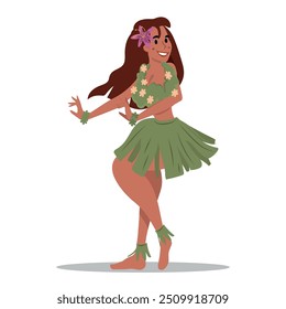 A beautiful girl in Hawaiian clothes dances Hula. a grass skirt. Vacation in the Hawaiian Islands. Vector illustration. Funny character in the style of a cartoon.