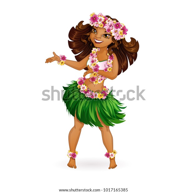A beautiful girl in Hawaiian clothes dances Hula.\
Wreath and garland of flowers, a skirt of grass. Holidays in the\
Hawaiian Islands. Vector illustration. Funny character in the style\
of a cartoon