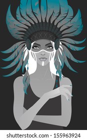 Beautiful girl in a headdress of feathers. Vector illustration