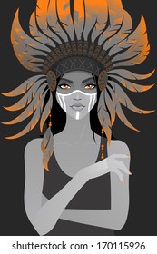 Beautiful girl in a headdress of feathers. Vector illustration