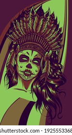 Beautiful girl in a headdress of North American Indians.