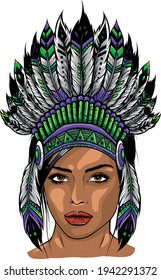 Beautiful girl in a headdress of North American Indians.