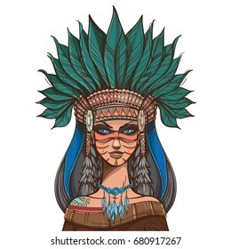 Beautiful girl in a headdress of North American Indians. Illustration for tattoos and dazain clothes, posters, fashion shows.