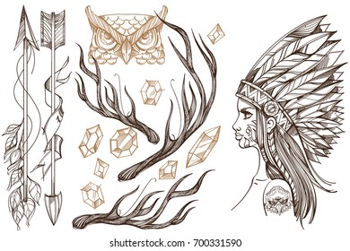 Beautiful girl in a headdress of North American Indians. Contour illustration for tattoos and dazain clothes, posters, fashion shows. A set of outline illustrations with sketches of tattoos.