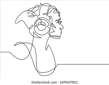 beautiful girl with headphones- continuous line drawing